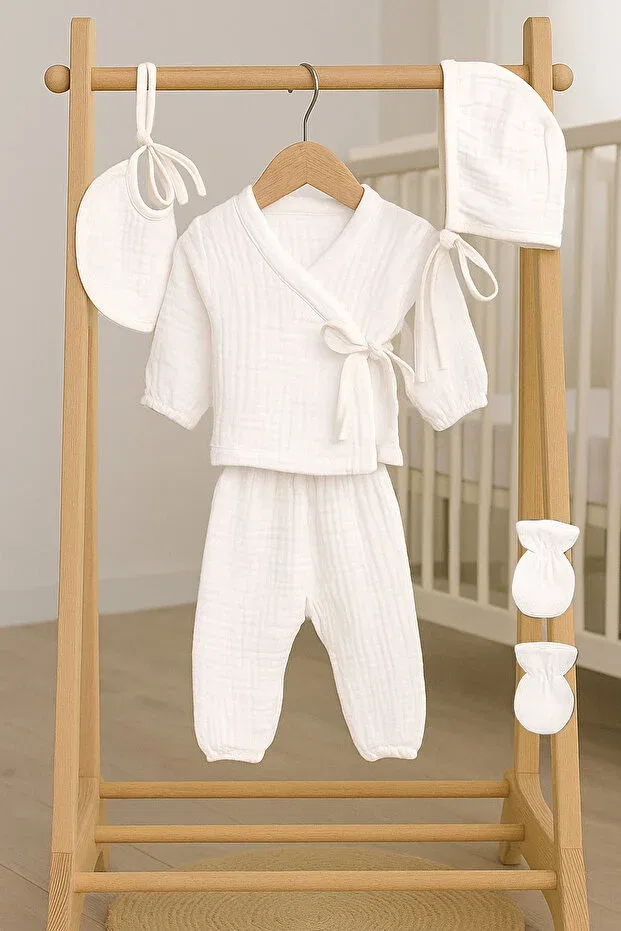 Детский комплект одежды для новорожденных хлопковый Muslin 5-piece kimono lace-up 100% cotton hospital release newborn baby gift set 7070 Sitilin, Ecru — фото 2