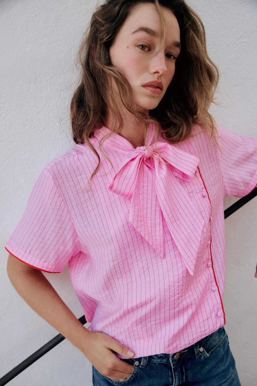 Полосатый топ с завязками на шее ZARA, Pink — фото 3