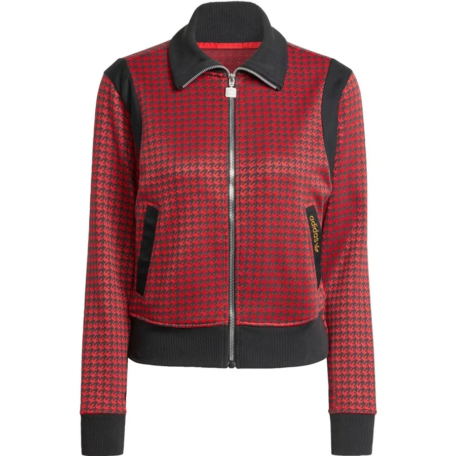 Женский спортивный свитшот с принтом Houndstooth Track Top adidas, Красно-черный — фото 3
