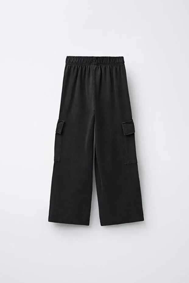 Детские брюки для девочек широкие карго Washed effect wide leg cargo pants Zeyderkids, Black — фото 4