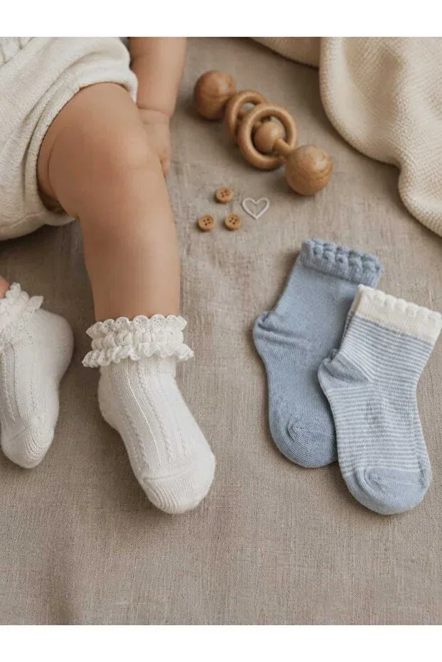 Детские носки с оборками Organic cotton soft textured ruffled baby socks Kaşe Çorap, Multicolor