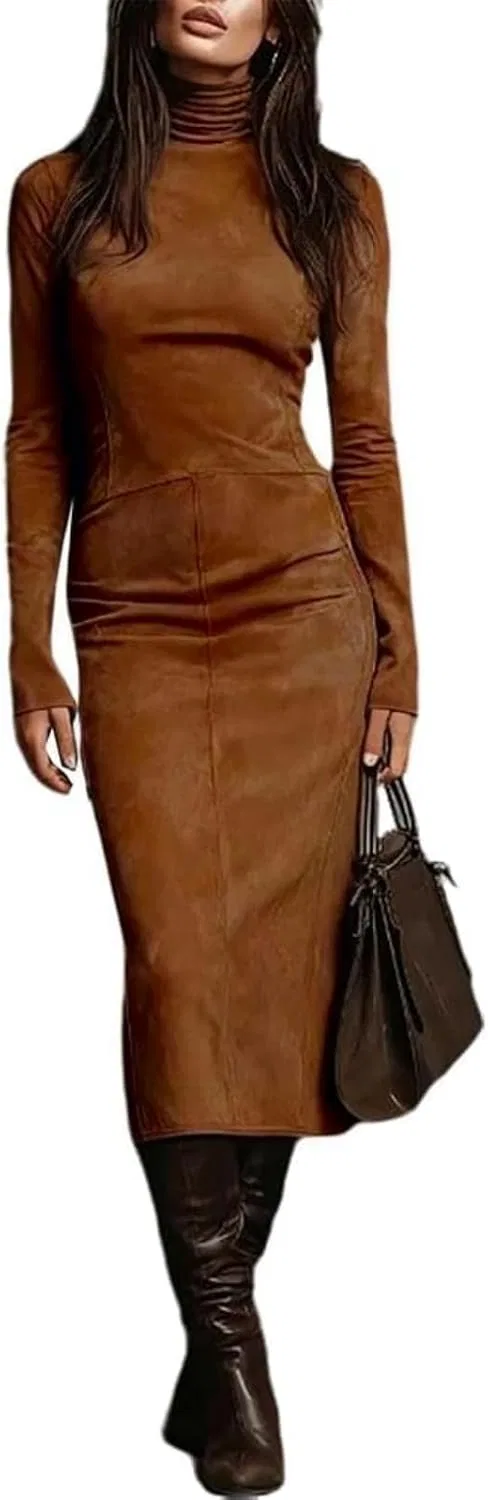 Женское облегающее платье миди с высоким воротом Faux Suede, Brown