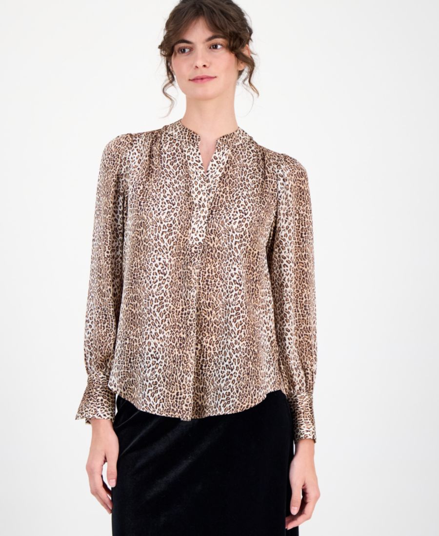 

Женская блузка с разрезом на воротнике и анималистическим принтом Anne Klein, Pink multi