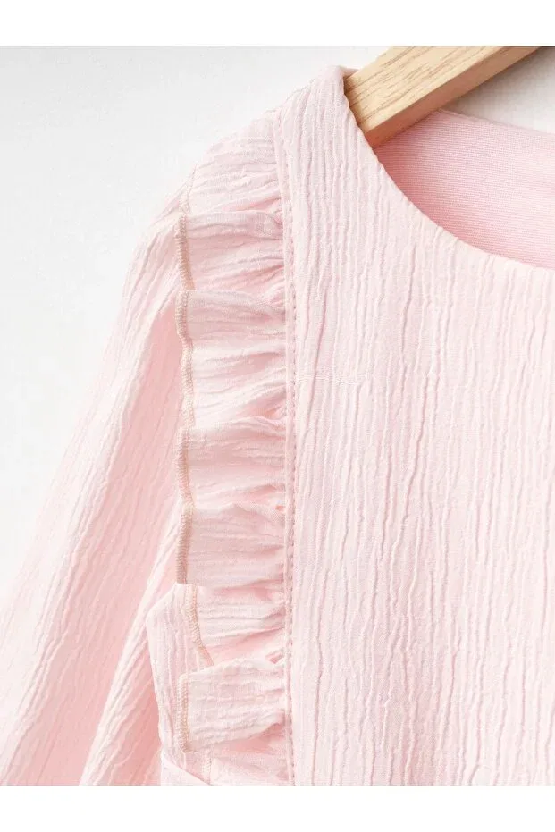 Детское платье для девочек с длинным рукавом Symmetrical ruffle dress Cherrys Bebek, Light Pink — фото 2