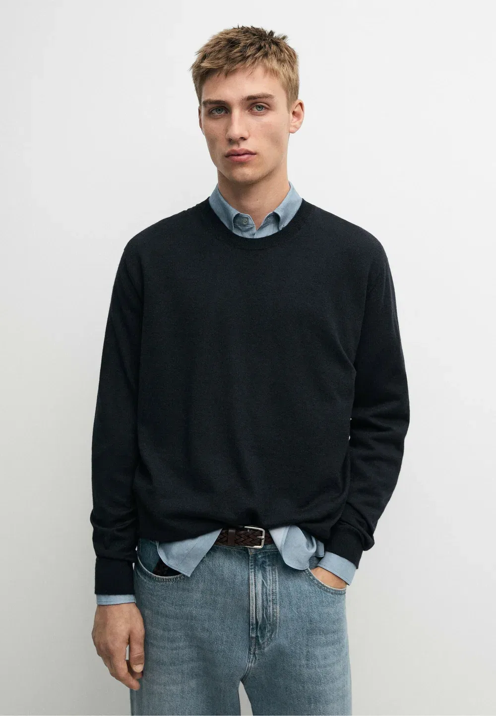 Вязаный свитер с круглым вырезом из 100% кашемира Massimo Dutti, Mottled Dark Blue