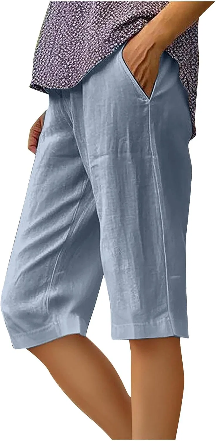 Капри женские с завязками на поясе, Cotton Linen, синий