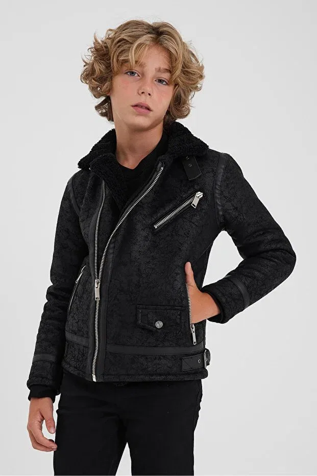 Детское пальто для мальчиков с длинным рукавом Boy'S black nappa leather coat&jacket Sivaist, Black