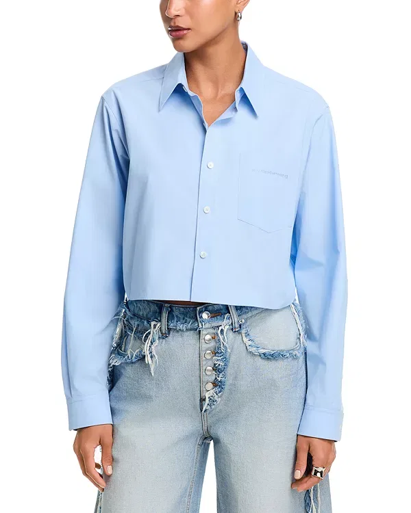 Женская рубашка хлопковая укороченная с принтом Alexander Wang, Oxford Blue