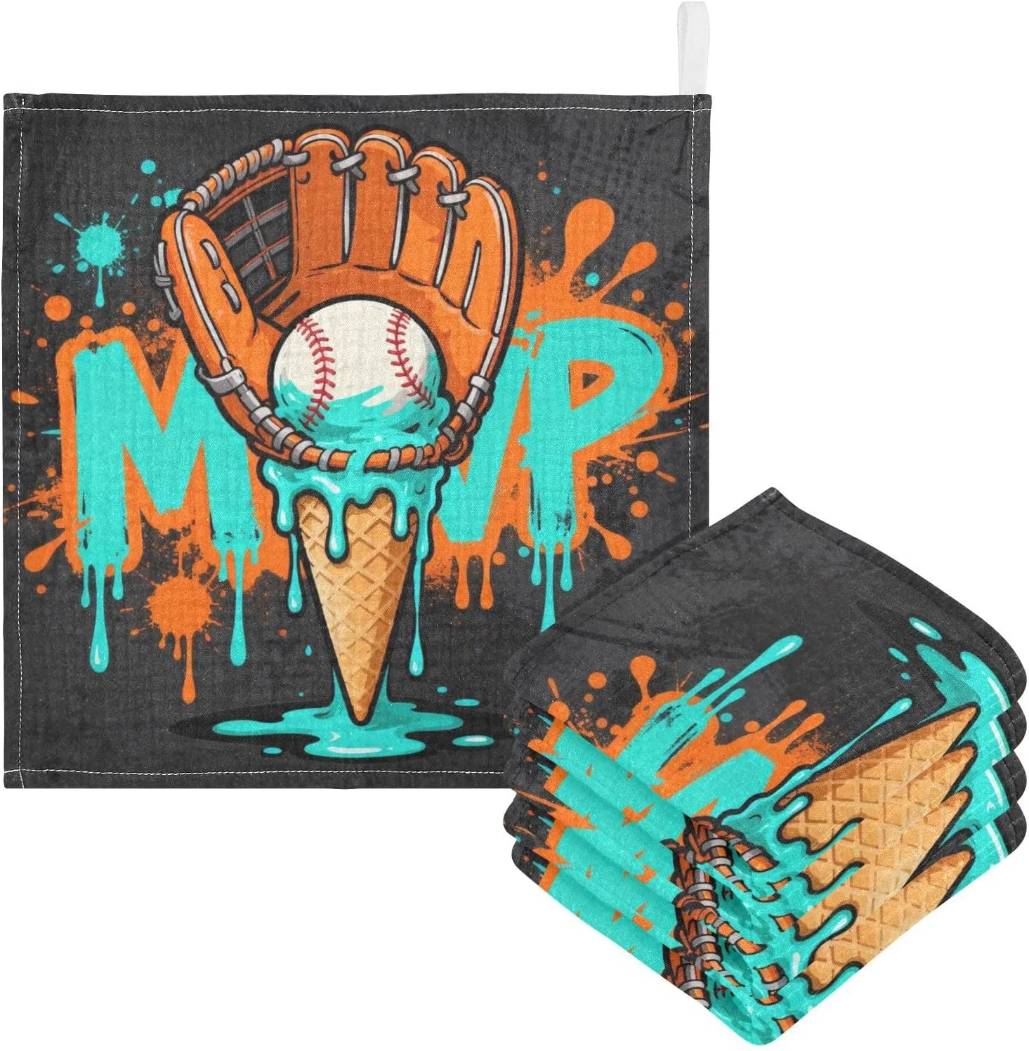 Мочалка из муслина, 4 слоя, GuoChe, 5 шт, 30x30 см, Baseball-handschuh Eiscreme-graffiti — фото 3