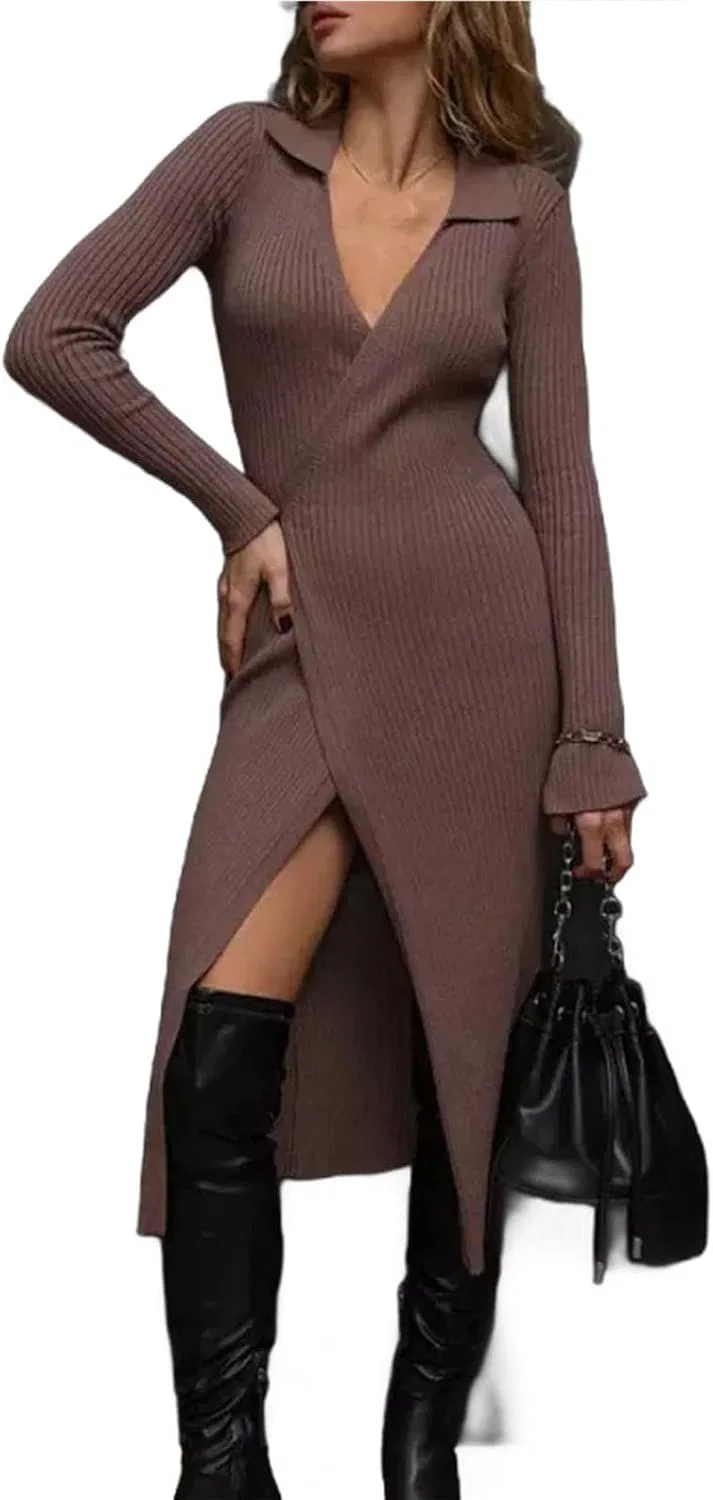 Женское платье миди с кружевной шнуровкой Simple Sweater, Coffee