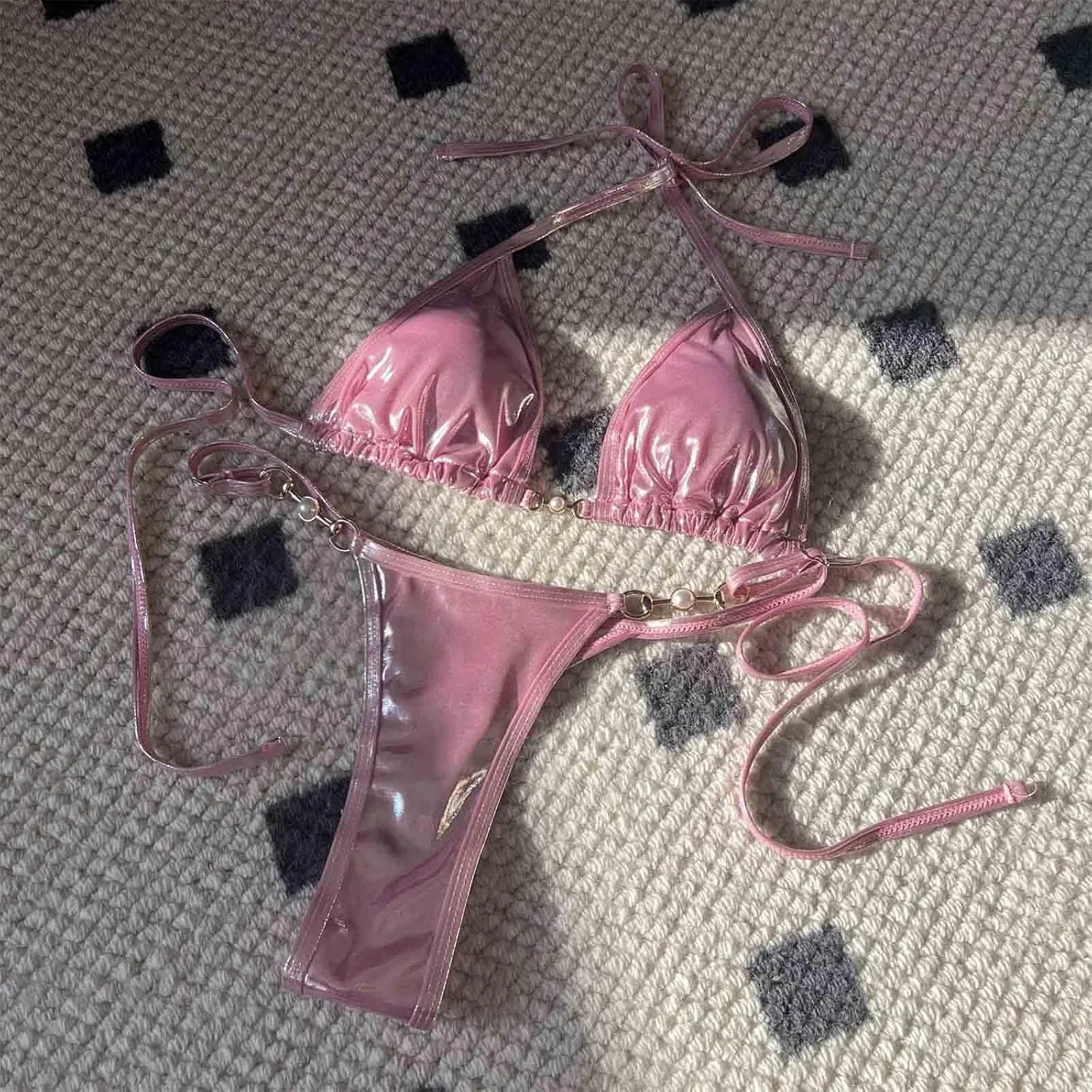 Женский бикини с жемчужными деталями Smxrfitk, Pink — фото 2