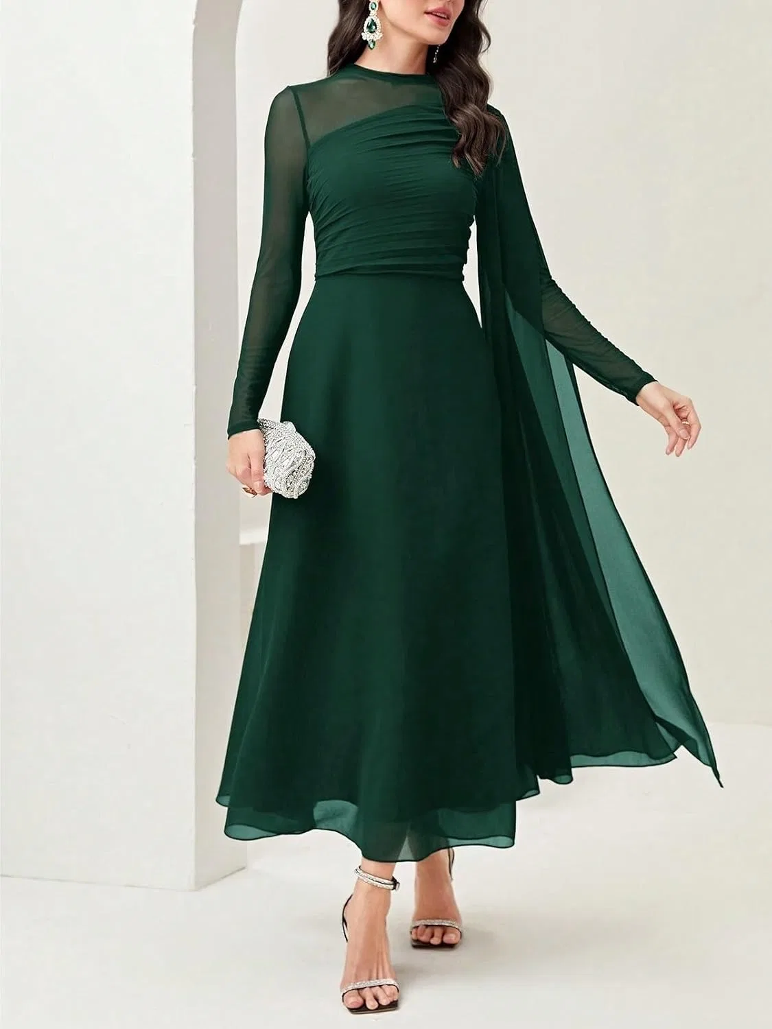 Женское длинное платье A-силуэта с длинным рукавом, Dark Green — фото 3