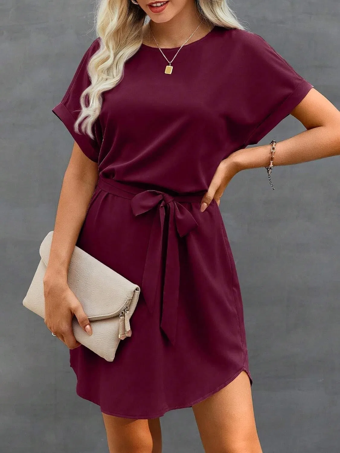 Женская туника с поясом с коротким рукавом Colorblock, Burgundy — фото 4