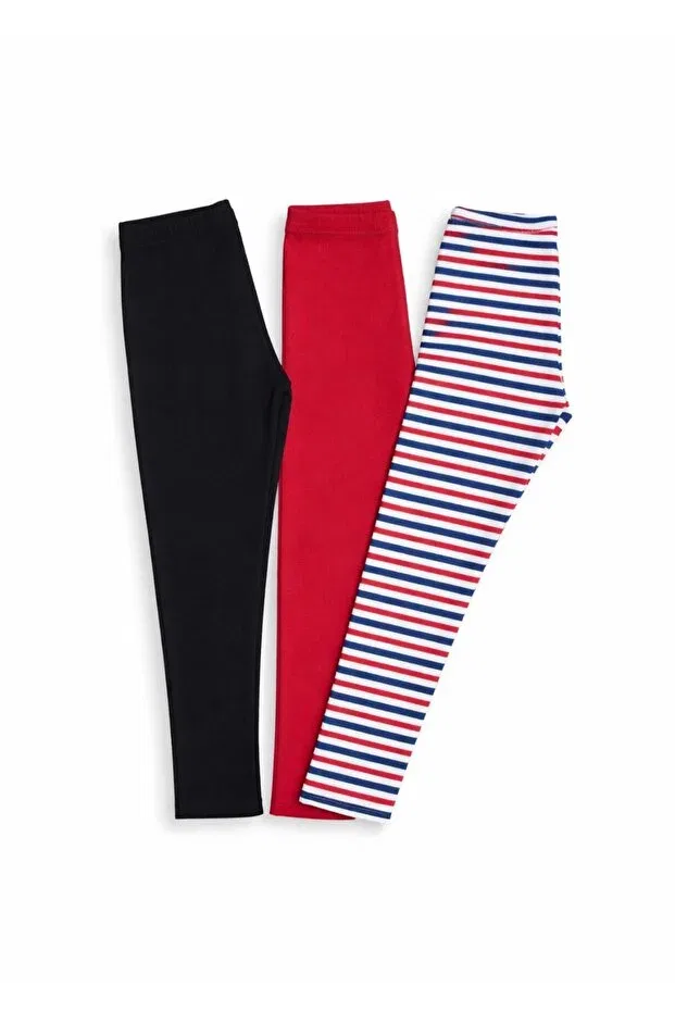 Детские леггинсы для девочек с принтом 3-Pack Fun Kids Colthinig, Kırmızı-Siyah -Çizğili