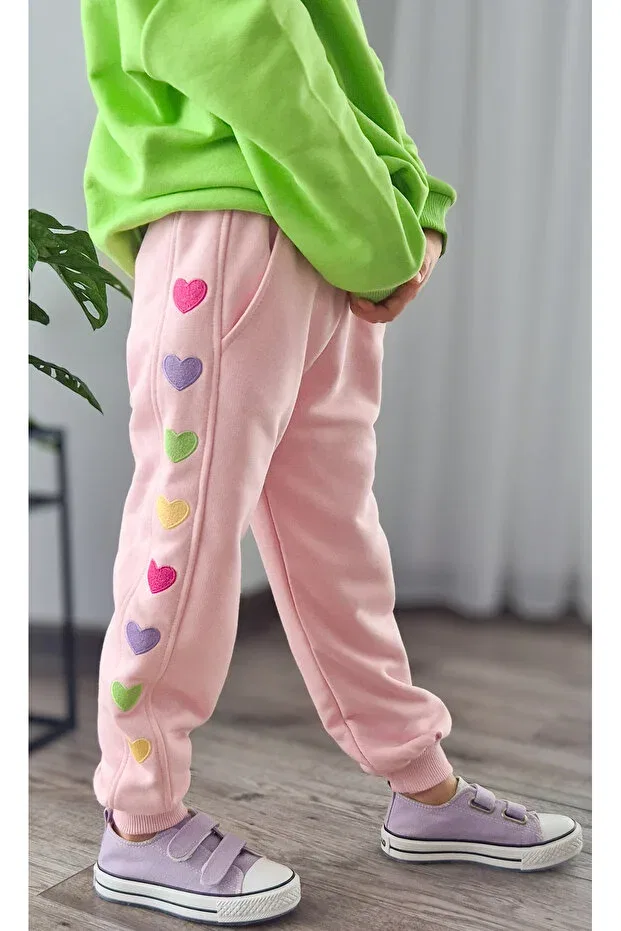 Детские спортивные штаны для девочек с принтом Colorful hearts embroidered Balkabaği, Pink