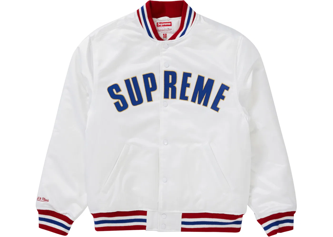 Мужская куртка-бейсболка с сатиновым покрытием Supreme Mitchell & Ness Satin Varsity Jacket, White — фото 2