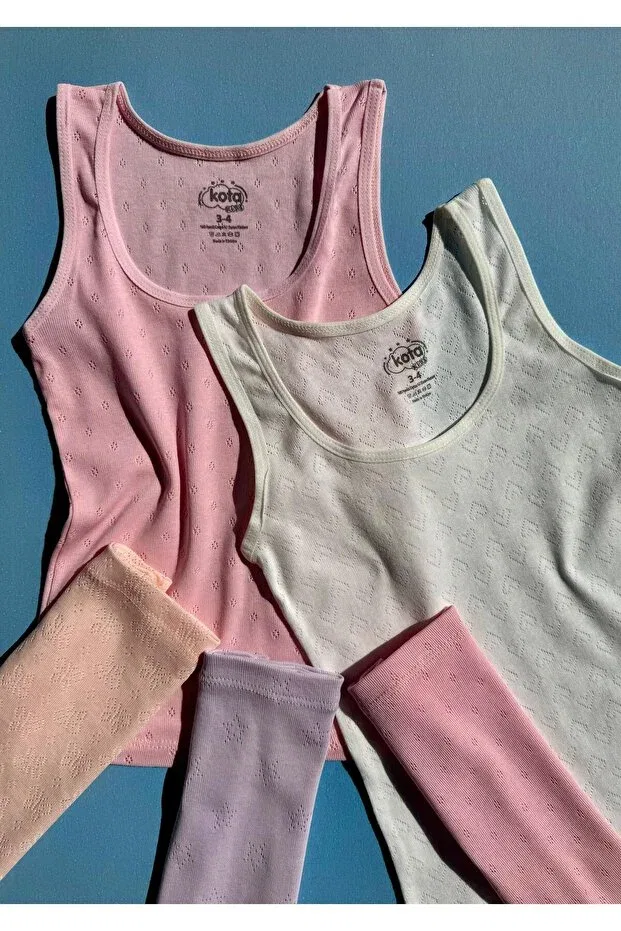 Детский комплект майки и шорт для девочек хлопковый Cotton 4-piece pattern hole knitted classic sleeveless girls' undershirt and shorts set Victroy, Salmon26 — фото 3