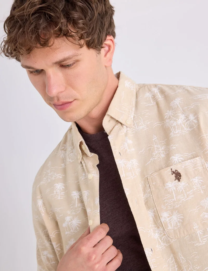 Мужская рубашка U.S. Polo Assn. Short Sleeve Slub Chambray Palm Print, хаки — фото 3