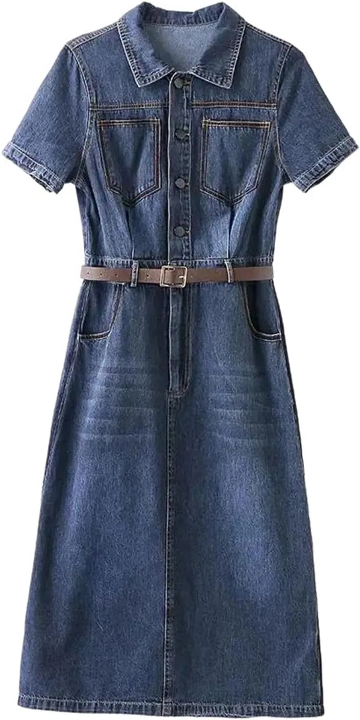 Женское джинсовое платье-рубашка с поясом Vintage, Blue