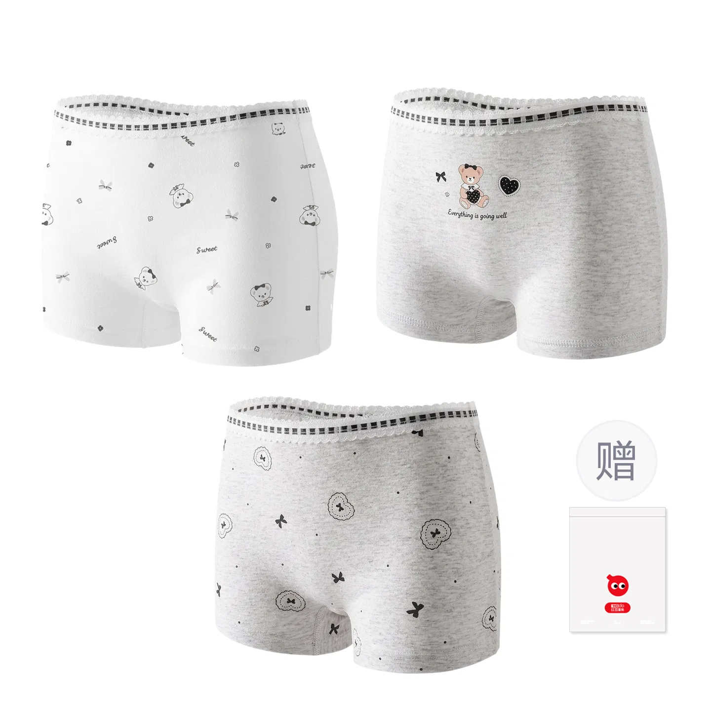 Детские трусы 3-штучный набор Red bean, Цвет: Light Grey Big Heart + Light Grey Heart Bear + White Big Bear