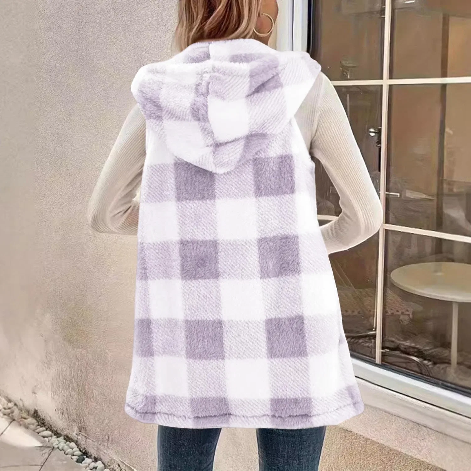 Женское пальто из флиса с капюшоном, модель Gilet con cappuccio in pile, Light Viola — фото 2