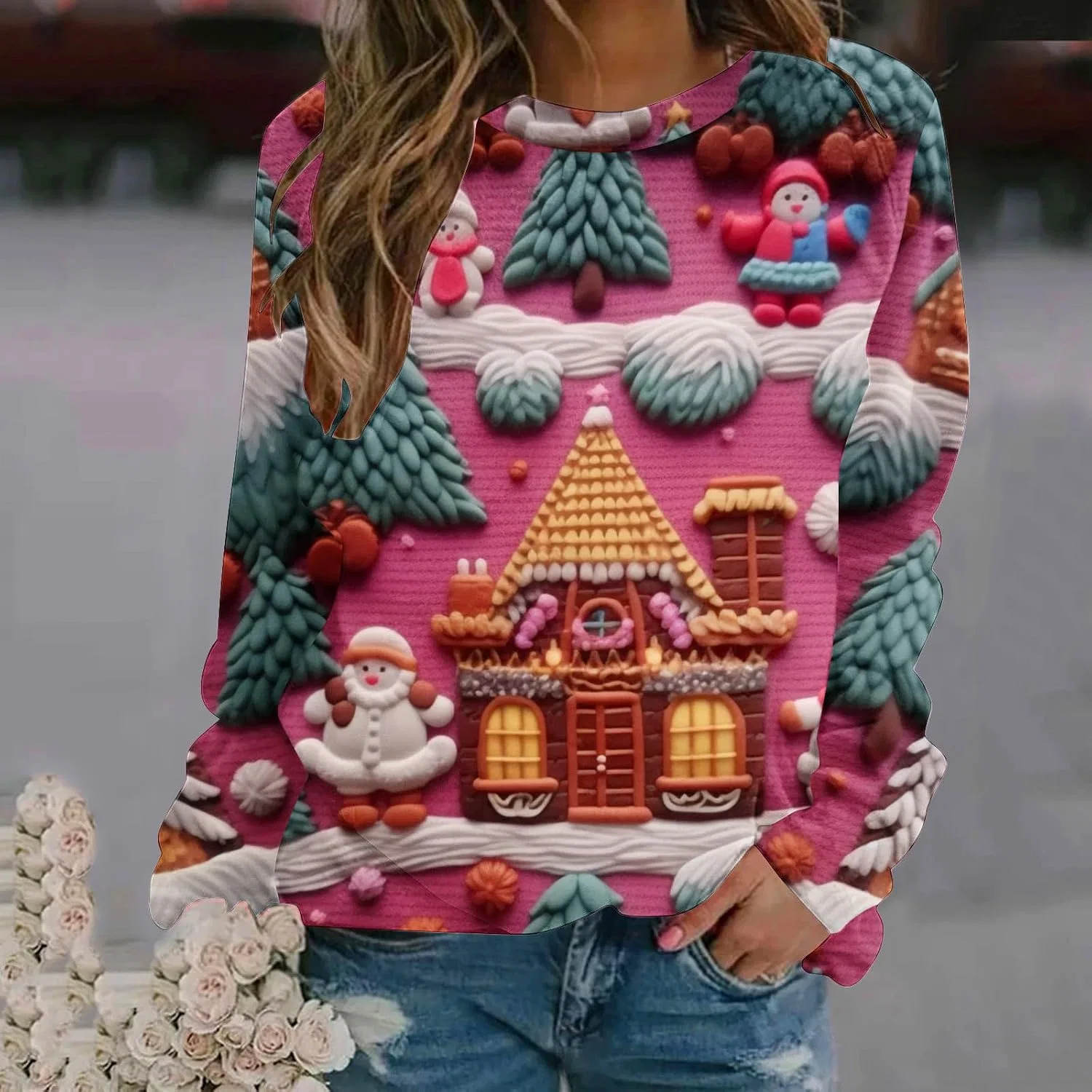Женский свитшот с принтом Ugly Christmas Sweatshirt Women 3D Digital Print Novelty Pullover Tops Funny Santa Xmas Print Tee Cute Crewneck Tops, ярко-розовый — фото 2