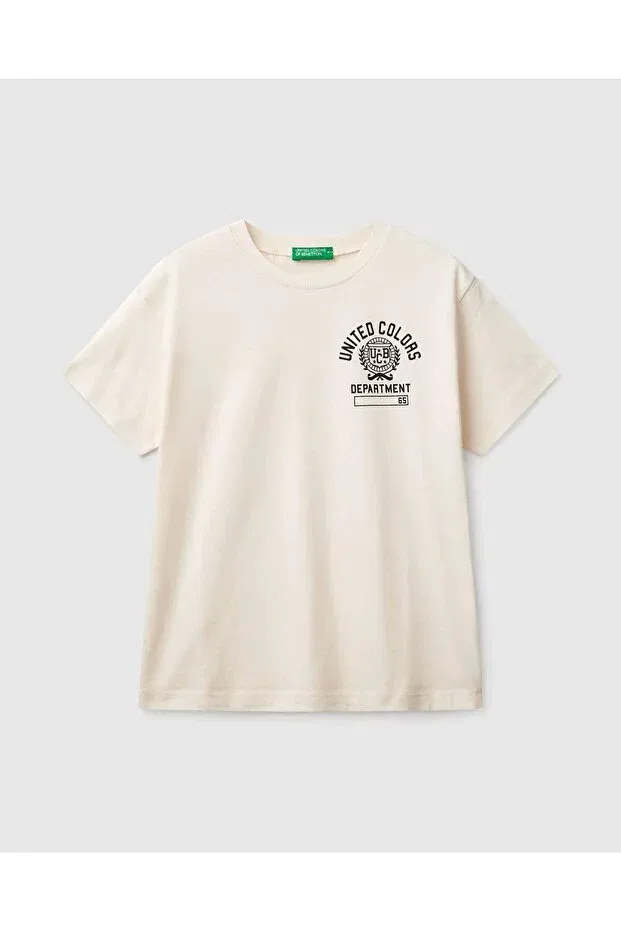 Детская футболка для мальчиков с принтом Benetton Logo Printed T-Shirt United Colors Of Benetton, Ecru