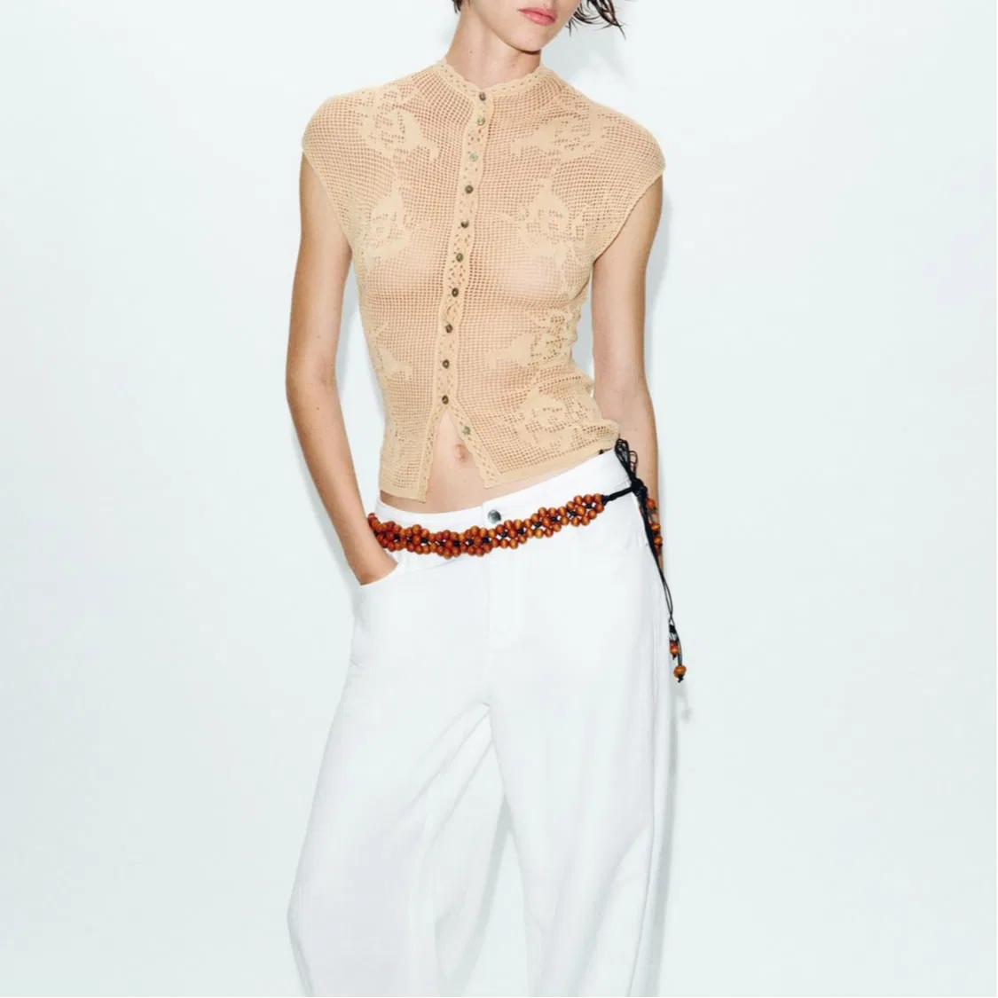 Женский вязаный свитер с круглым вырезом Light Pink ZARA, Light Pink — фото 4