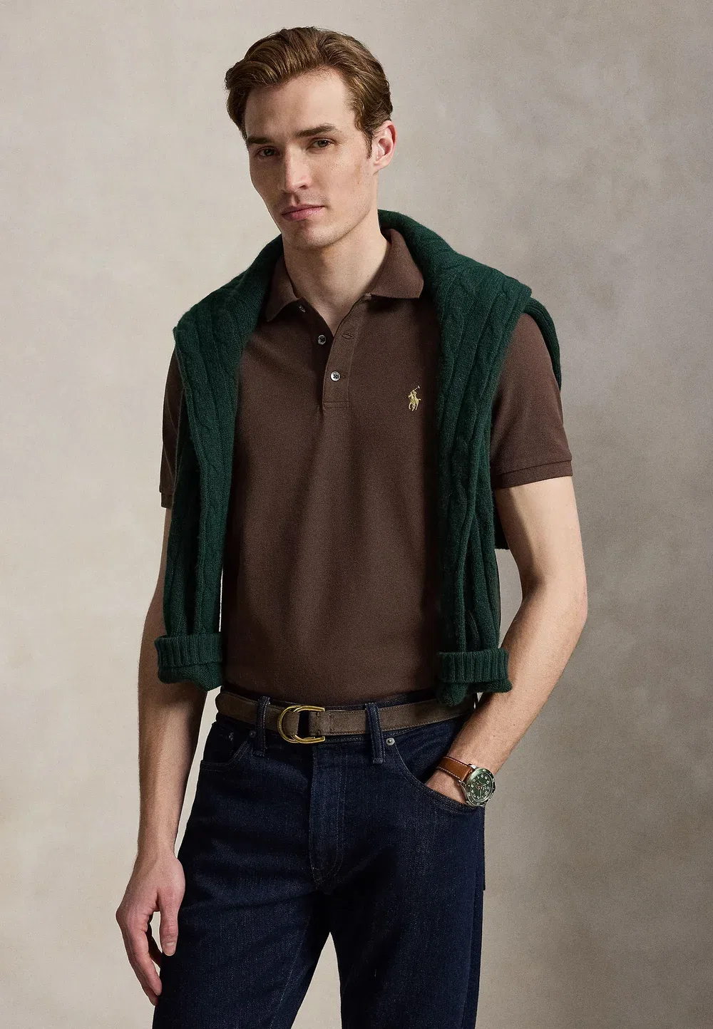 Поло-Рубашка приталенного кроя из эластичной сетки Polo Ralph Lauren, Nutmeg Brown/Smoke