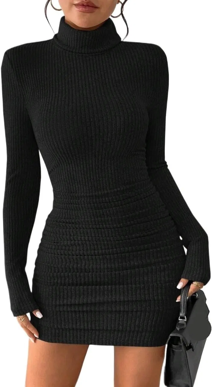 Женское облегающее мини-платье с высоким воротником Bodycon, Black