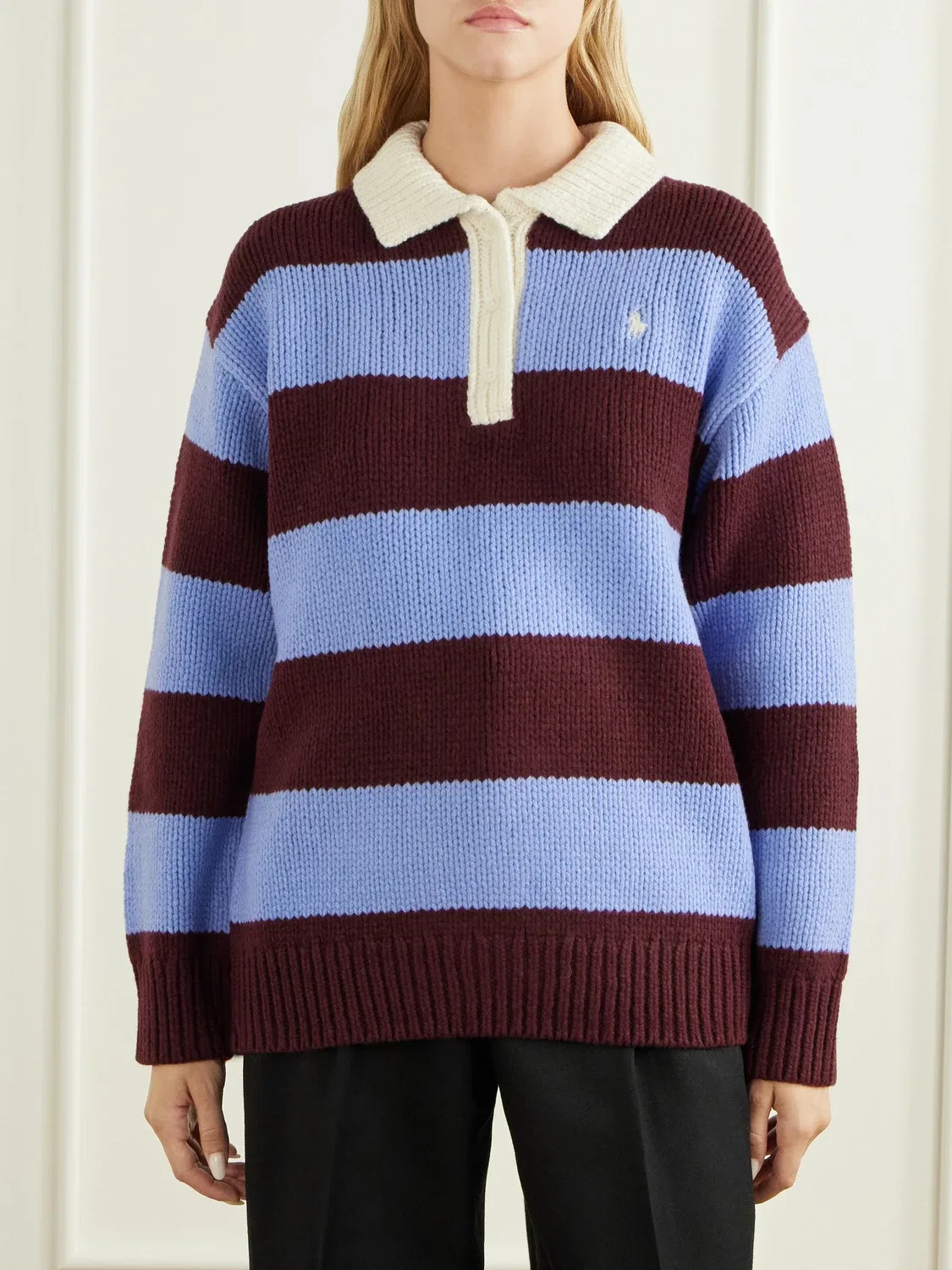 Полосатый свитер-поло из шерстяной смеси с вышитым логотипом Polo Ralph Lauren, мультиколор — фото 3