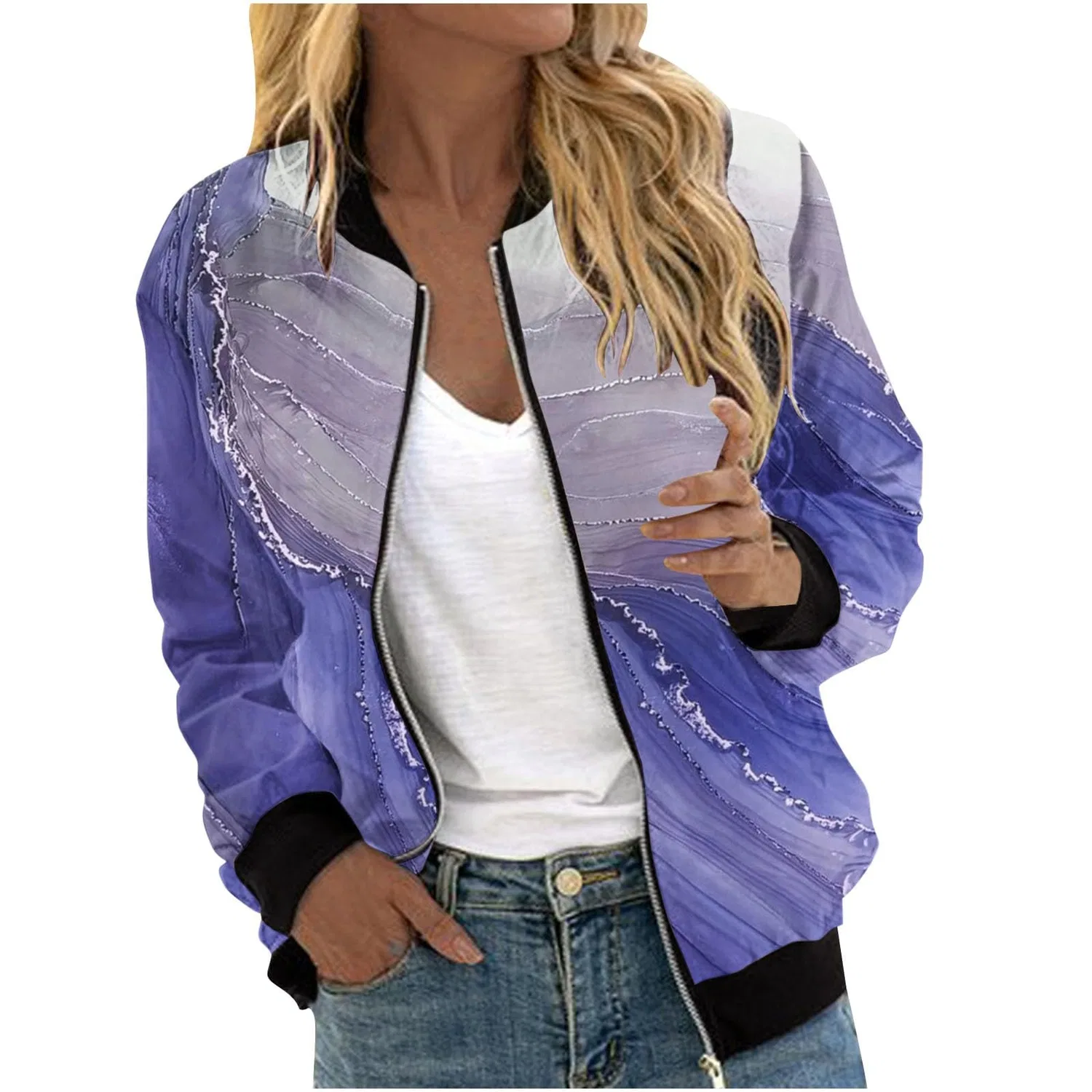 Женское пальто с принтом Bomber Giacca Casual Loose Fit Trendy Stampato Donna Cappotti Confortevole Cappotto Inverno Donna Manica Lunga Giacca da Donna Cerniera Outwear Corsa Giacche Sport All'aperto Abiti Autunno, Blu