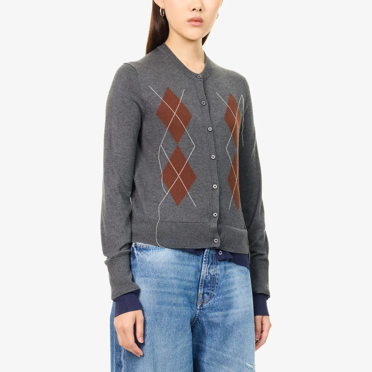 Двуслойный кардиган из шелковой смеси с ромбовидным узором Acne Studios, темно-серый/мультиколор — фото 3