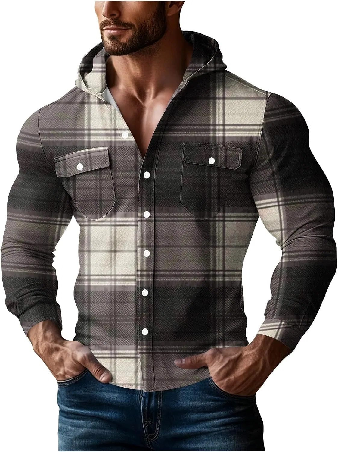 Мужская рубашка свободного кроя с капюшоном, модель Plaid, коричневый