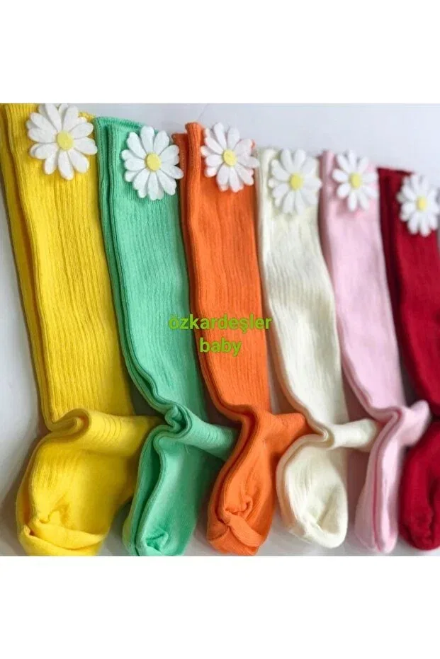 Детские носки для новорожденных с узором, комплект 6 пар, Baby Knee Socks with Felted Daisy Pattern Özkardeşler Baby, Yellow Red Pink Ecru Orange Aqua Green