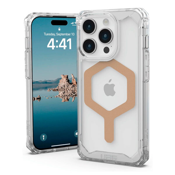 

Чехол UAG Plyo для iPhone 15 Pro, MagSafe Charging, Ice/Gold, Прозрачный, Чехол UAG Plyo для iPhone 15 Pro, MagSafe Charging, Ice/Gold