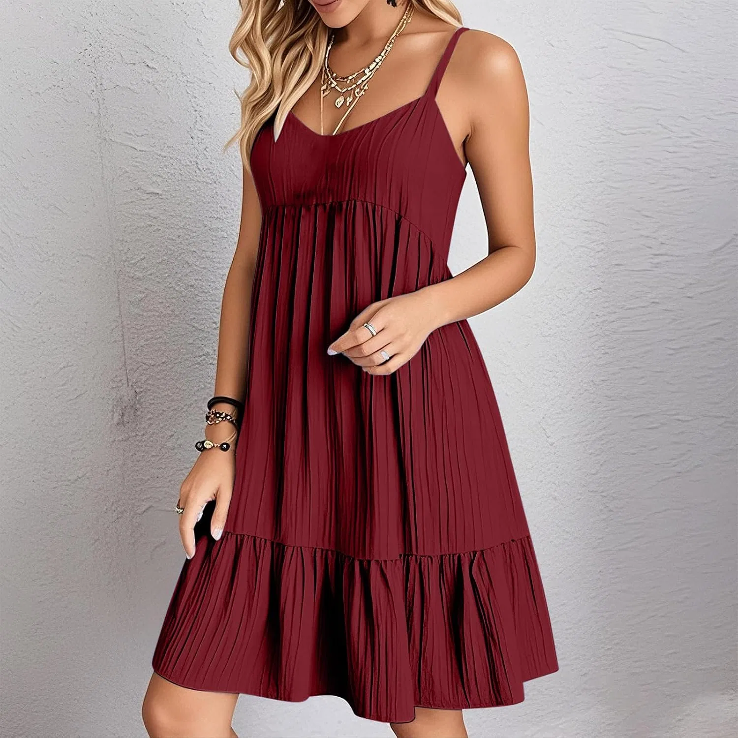 Женское летнее платье миди V-образным вырезом Peplum, #02 Wine — фото 2