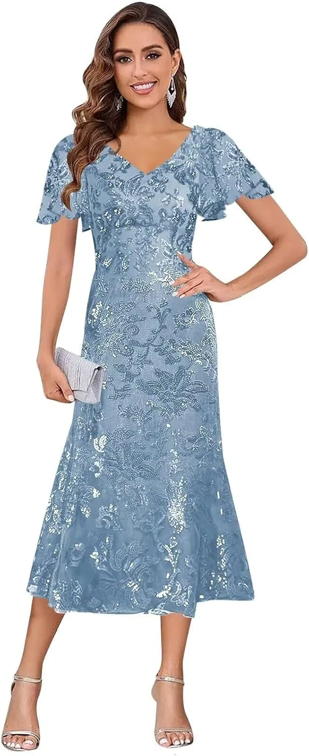 Женское вечернее платье с пайетками V-образным вырезом Tea Length, Light Blue