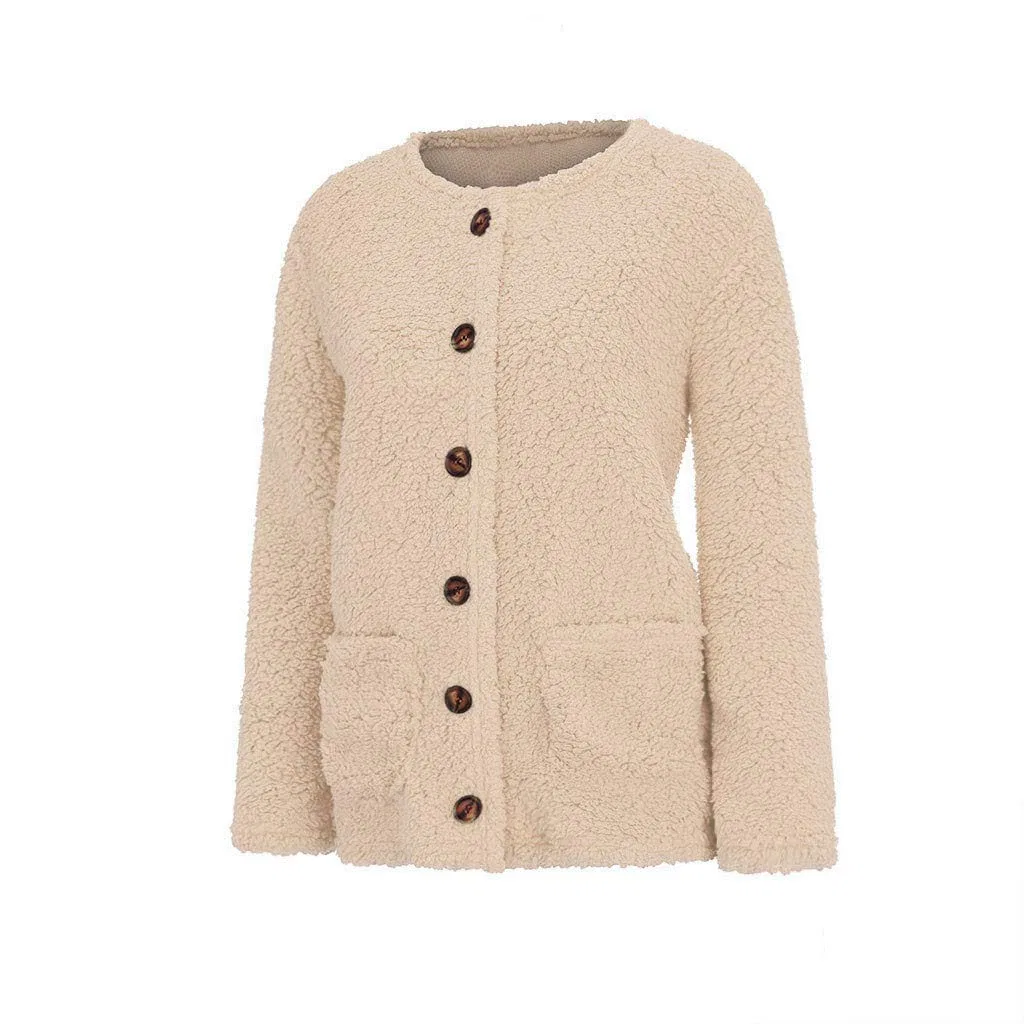 Женский кардиган с карманами и пуговицами, модель Sweater Outerwear Buttons Thermal Sweatshirts Coat, Cachi — фото 2