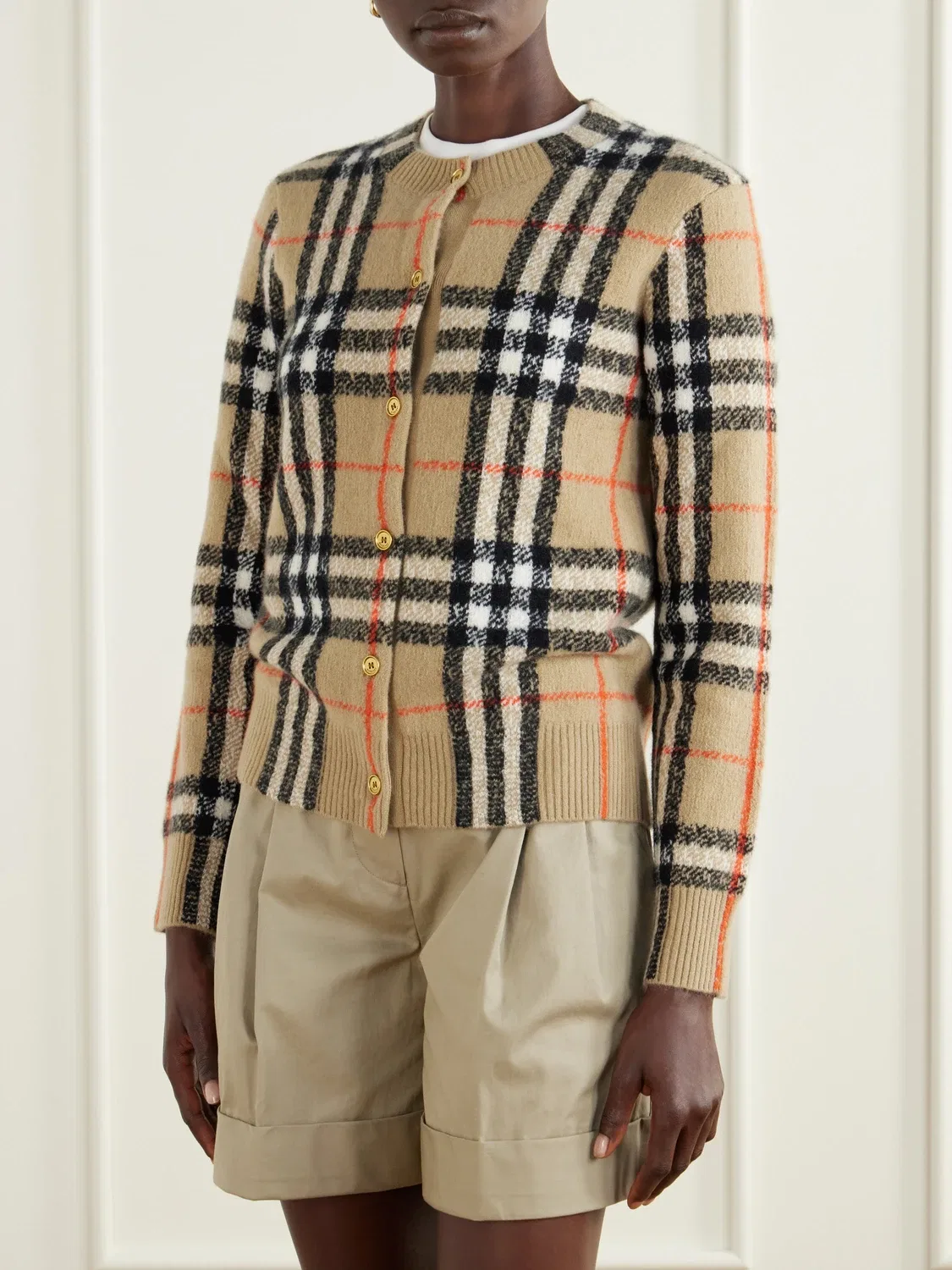 Кашемировый кардиган в клетку BURBERRY, бежевый — фото 3