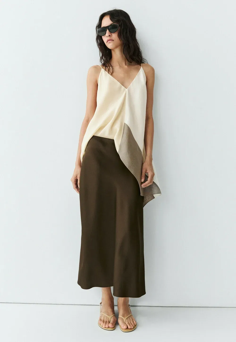 Струящаяся атласная юбка - юбка А-силуэта Massimo Dutti, Dark Brown