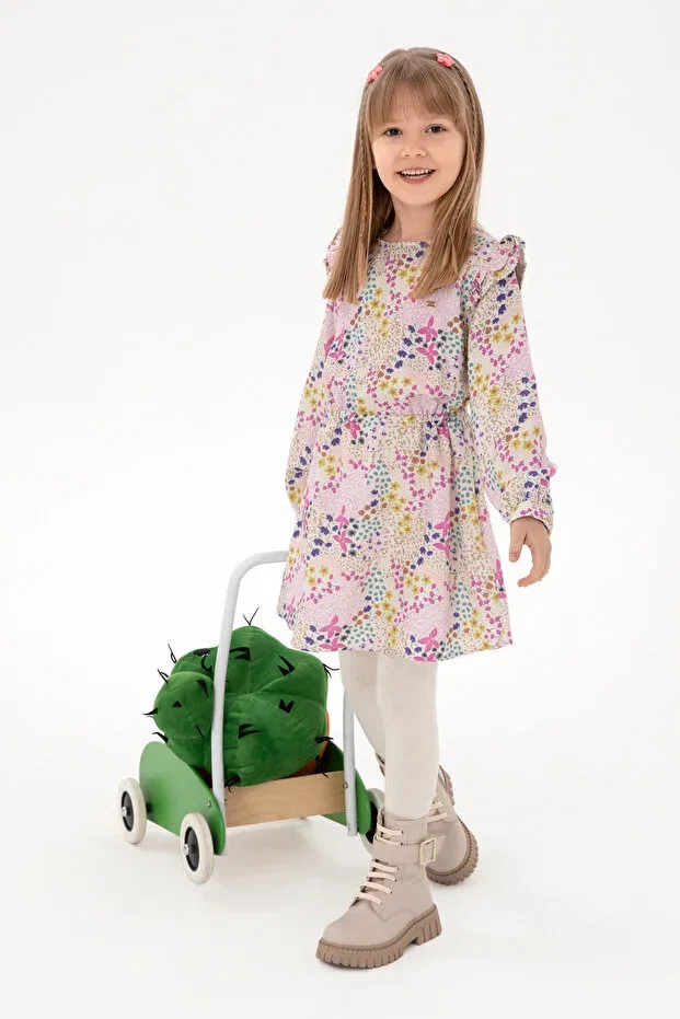 Детское платье для девочек с принтом Girl'S stone flower patterned ruffle woven dress U.S. Polo Assn., Stone — фото 2