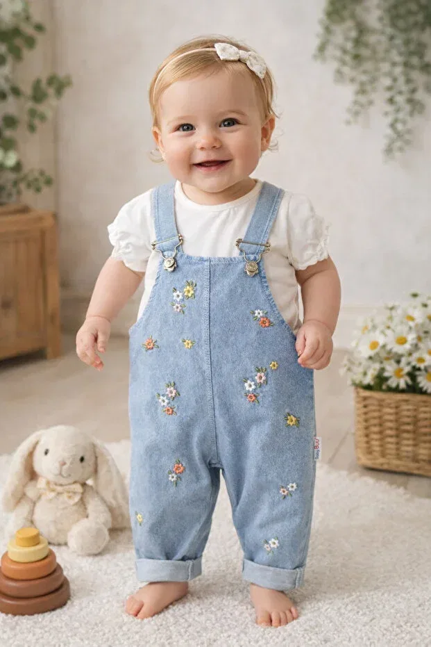 Детский комбинезон для девочек джинсовый с принтом Floral Embroidered Denim Jeans Baby Girl Salopet Set Gardener Holiday Set Baby Buu, Blue