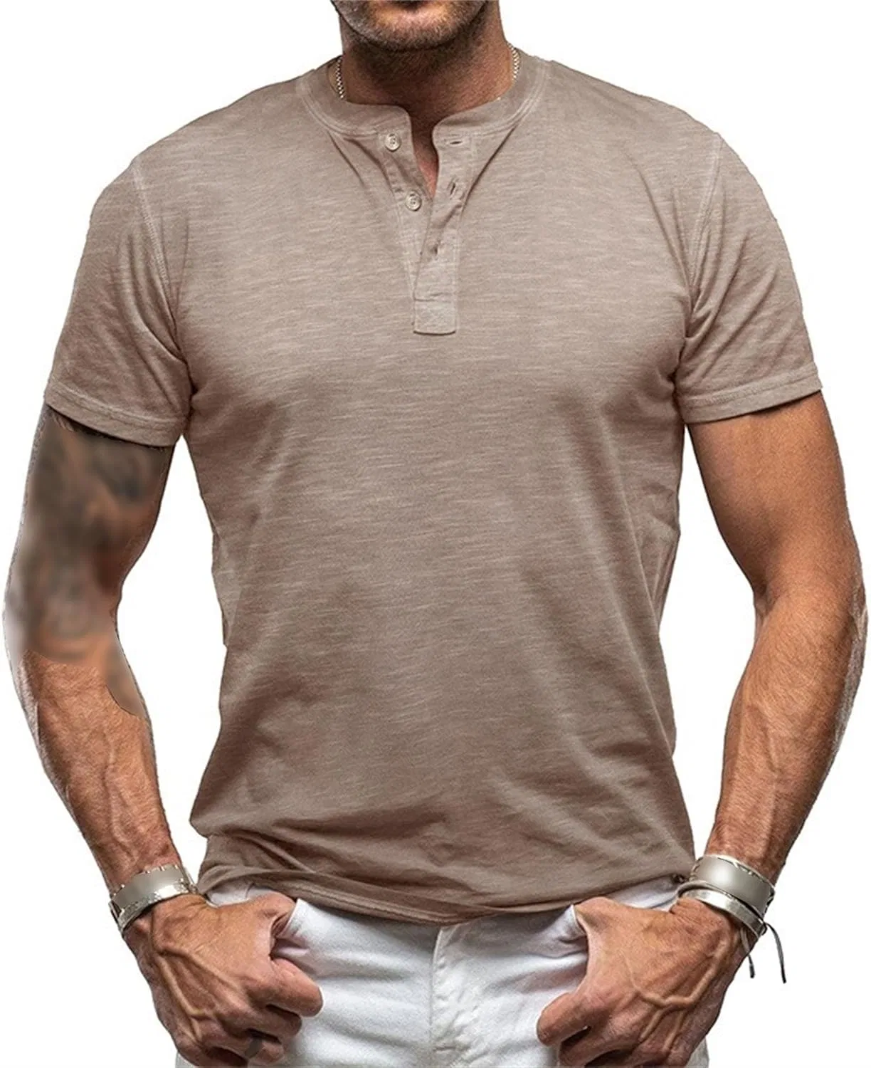 Мужская хенли футболка с пуговицами Classic Lightweight, Khaki — фото 2
