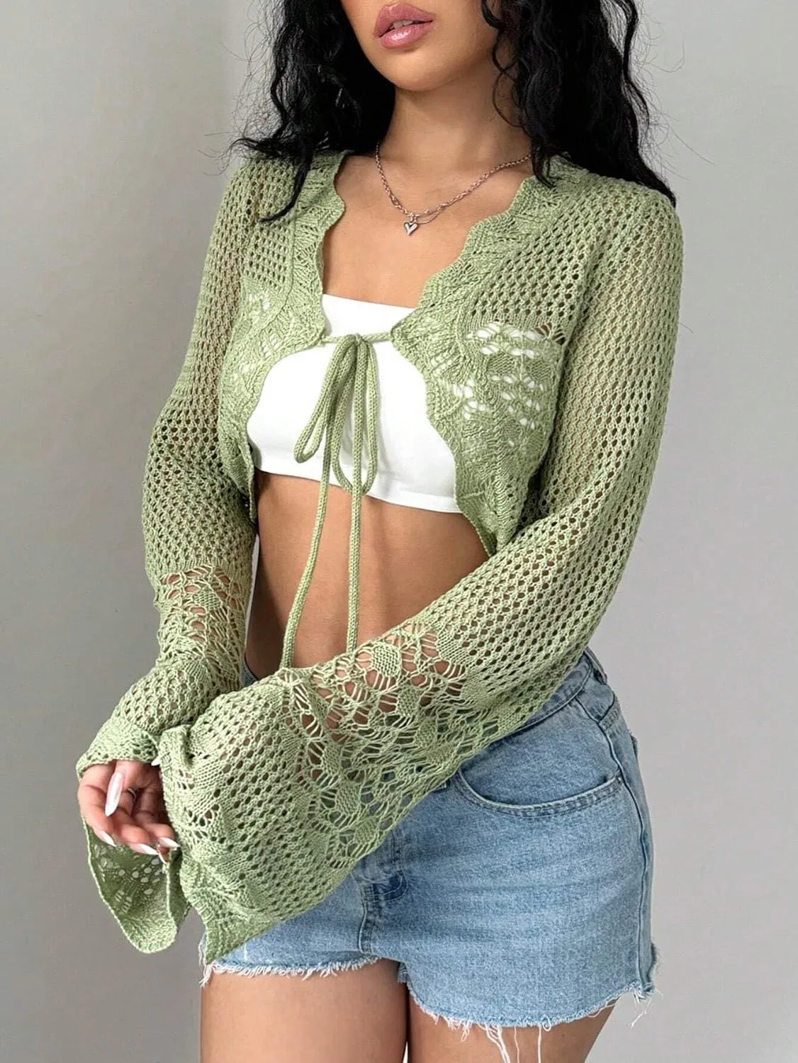 Женский удлиненный кардиган с открытым передом, модель Hollow Knit Crop, цвет Green — фото 3