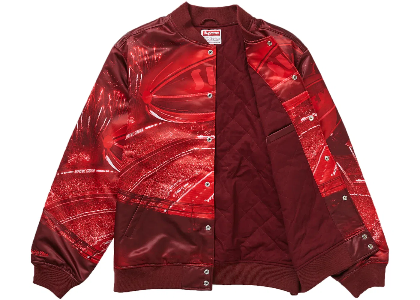 Мужская куртка-бомбер из сатина с принтом Supreme Mitchell & Ness Stadium Satin, Red — фото 2