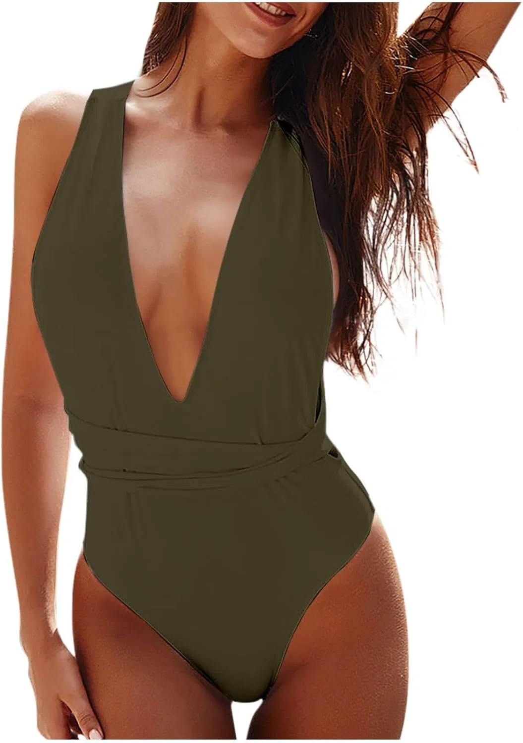 Женский слитный купальник с утяжкой живота с V-образным вырезом, Army Green