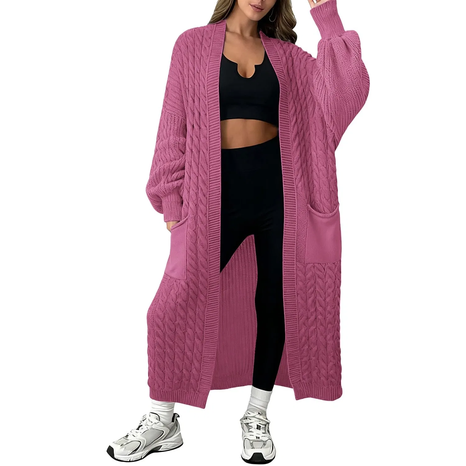 Женский удлиненный кардиган крупной вязки с карманами, pink