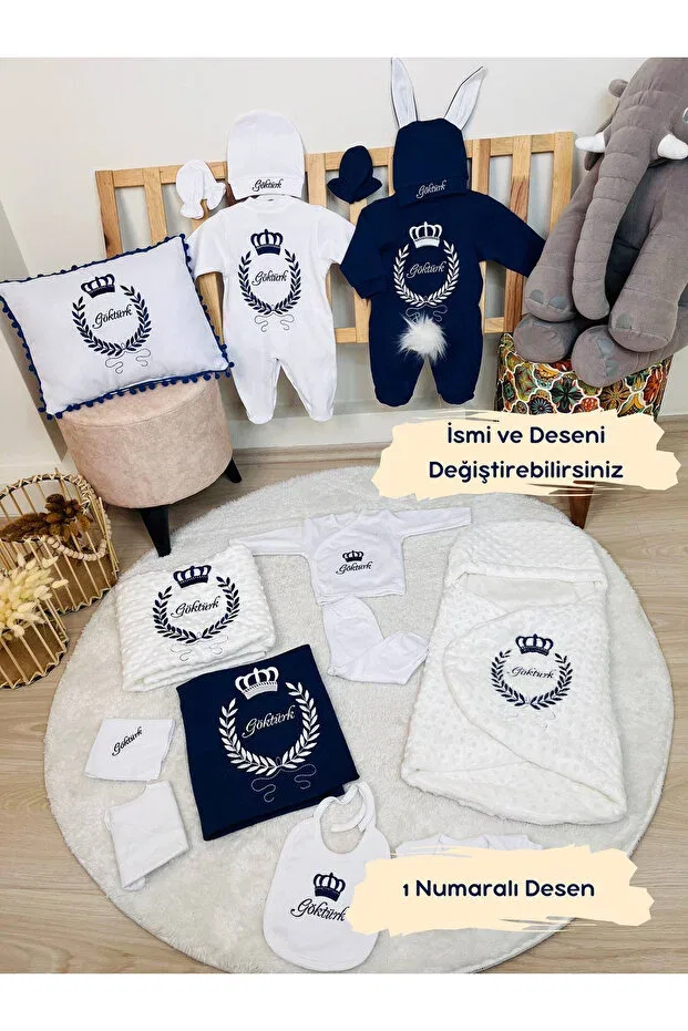 Детский комплект для выписки с вышивкой Karsu Tasarim, Navy Blue-White