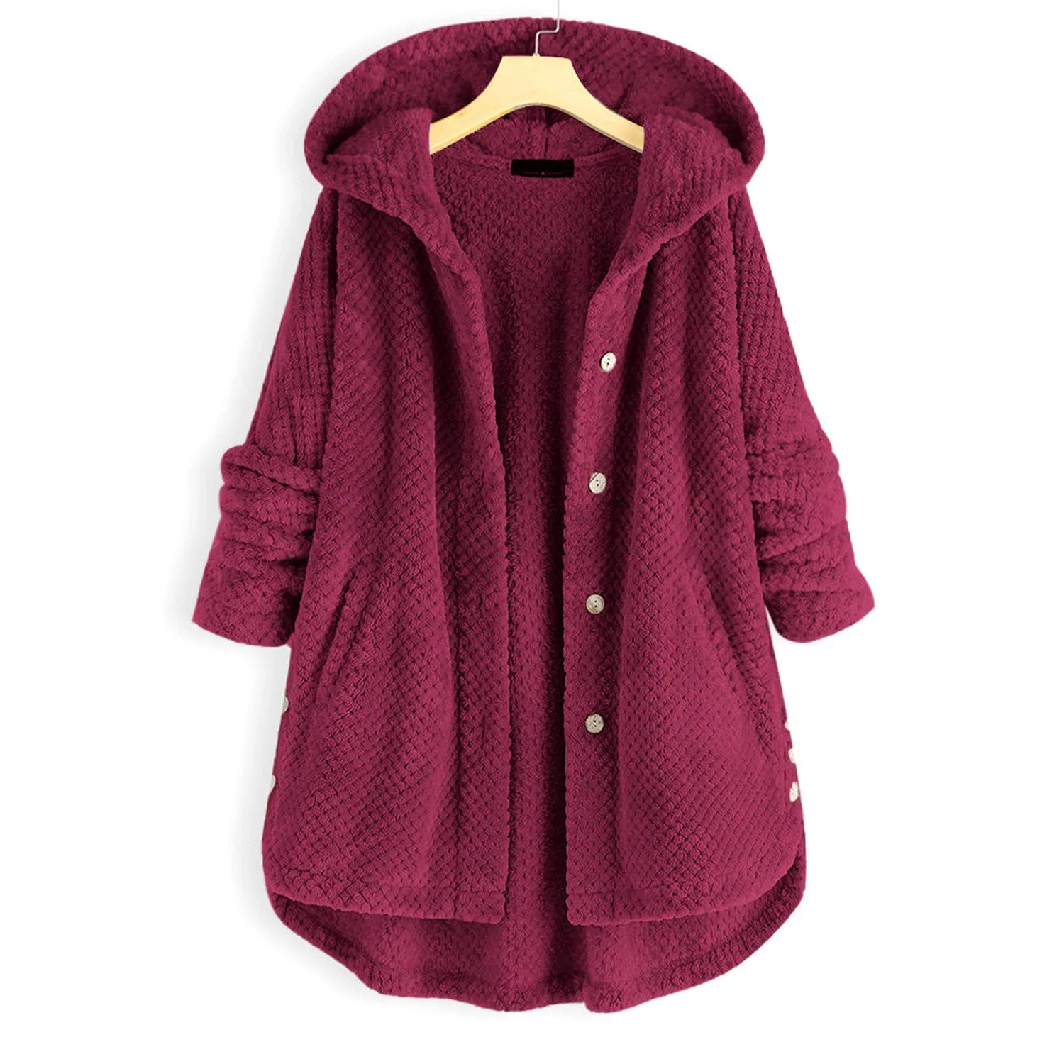 Женское зимнее пальто с капюшоном и мехом, модель Solid Color Plush Shaggy Outerwear, vino — фото 2